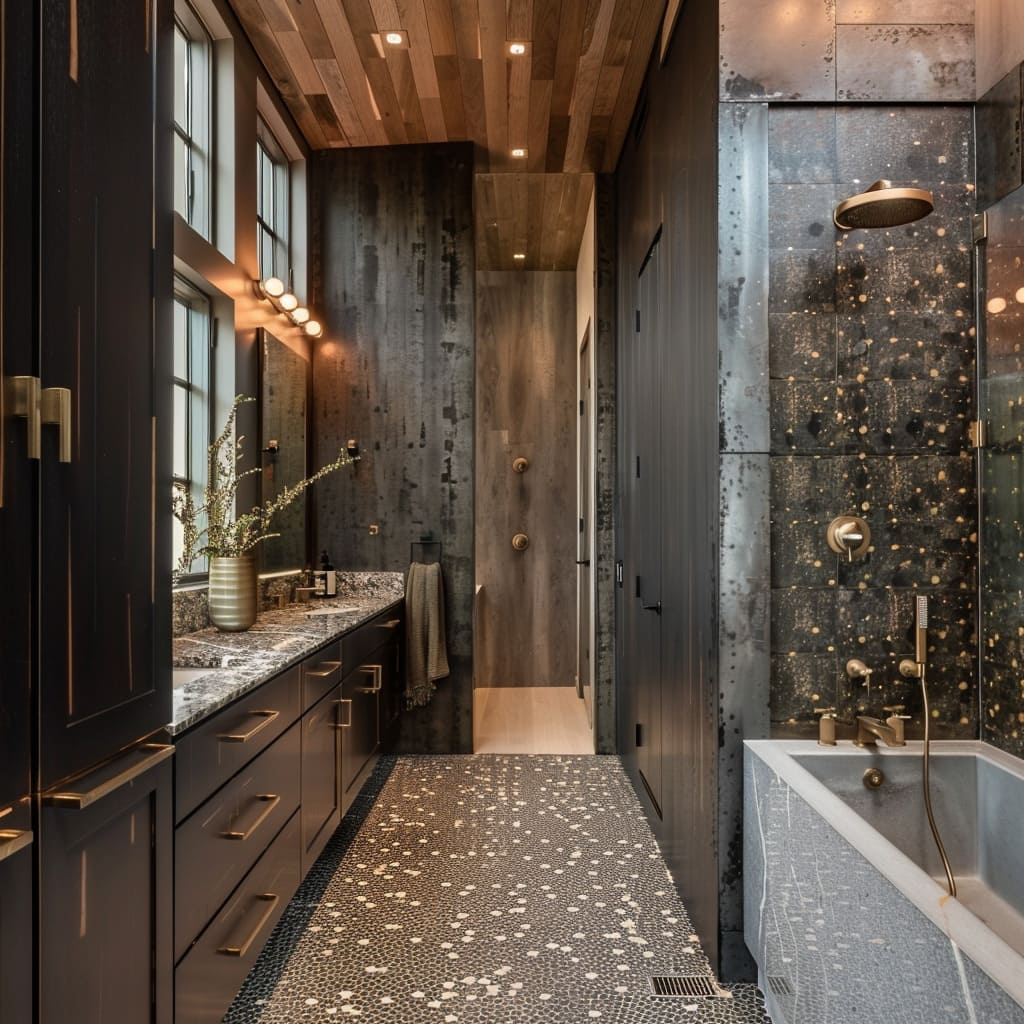 Dual-vanities-with-rich-wood-cabinets-and-elegant-stone-countertops-complemented-by-gold-framed-mirrors-and-warm-pendant-lights-offering-a-touch-of-rustic-charm
